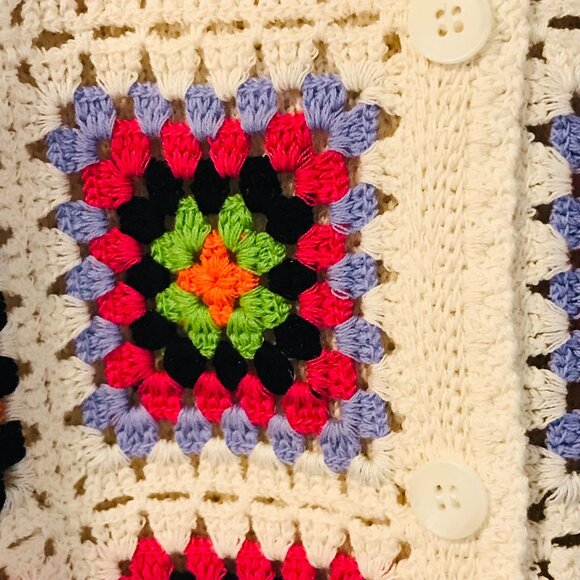 Cardigan/sweater button front crochet granny square patchwork women's M cotton - Picture 4 of 7